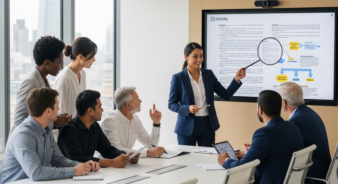 A diverse group of expat business owners in London collaboratively discussing legal documents with a professional, friendly UK lawyer in a modern, light-filled office. The lawyer is pointing to a screen with legal text, explaining complex clauses with clear visual aids. The atmosphere is professional and reassuring.
