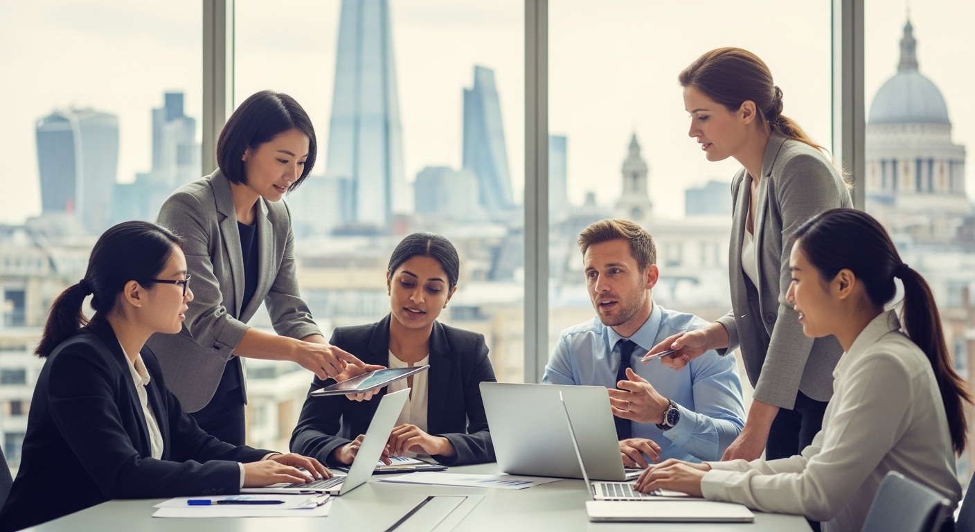 A diverse group of business professionals from various backgrounds collaborating in a modern, light-filled office space in London, with a blurred cityscape featuring iconic UK landmarks in the background, conveying innovation and global connectivity.