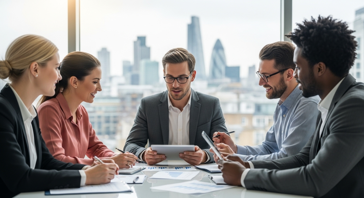 A diverse group of expat clients, including individuals from various ethnic backgrounds, are engaged in a professional consultation with a financial advisor in a contemporary, sunlit office in London. They are seated around a sleek conference table, reviewing financial projections and digital documents on a tablet. In the background, a clear window reveals a soft-focused cityscape of London, conveying a sense of international business and opportunity.