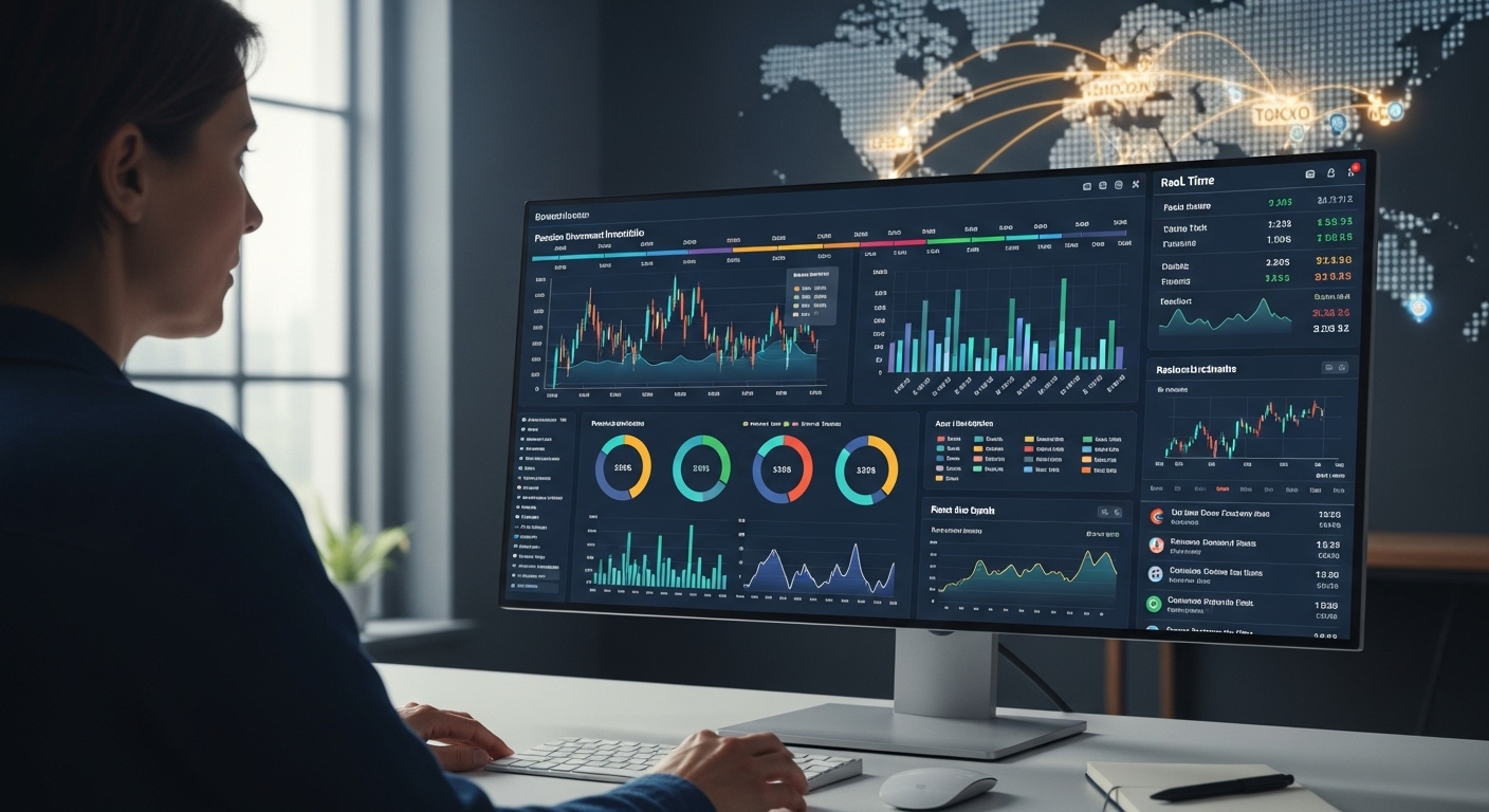 A detailed, photorealistic image of a person looking at a digital financial dashboard with charts and graphs, representing complex pension and investment data, with a world map faintly visible in the background, conveying international financial planning challenges and solutions.