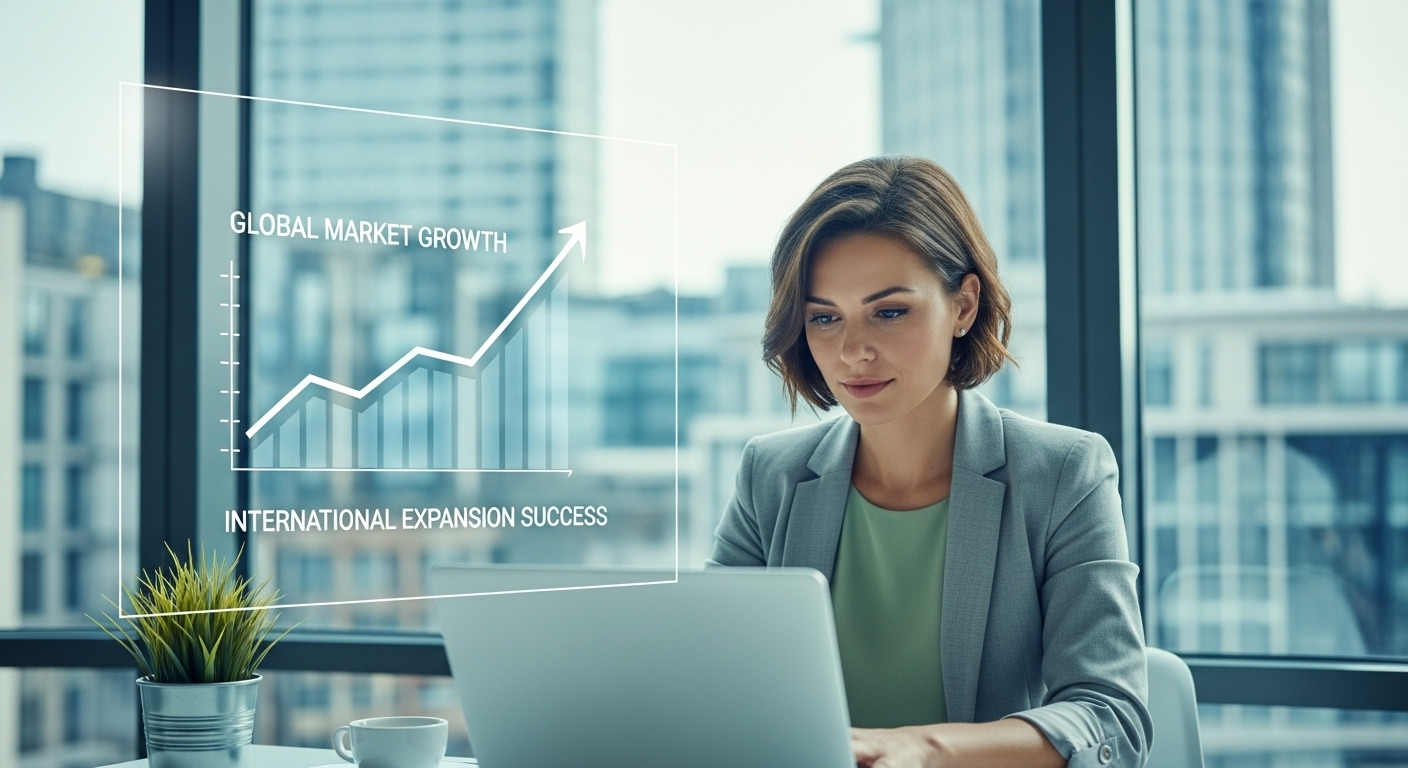 A professional expat entrepreneur, perhaps a woman, confidently working on a laptop in a modern, light-filled UK office, looking determined. In the background, a subtle infographic or chart indicates business growth and successful international expansion.