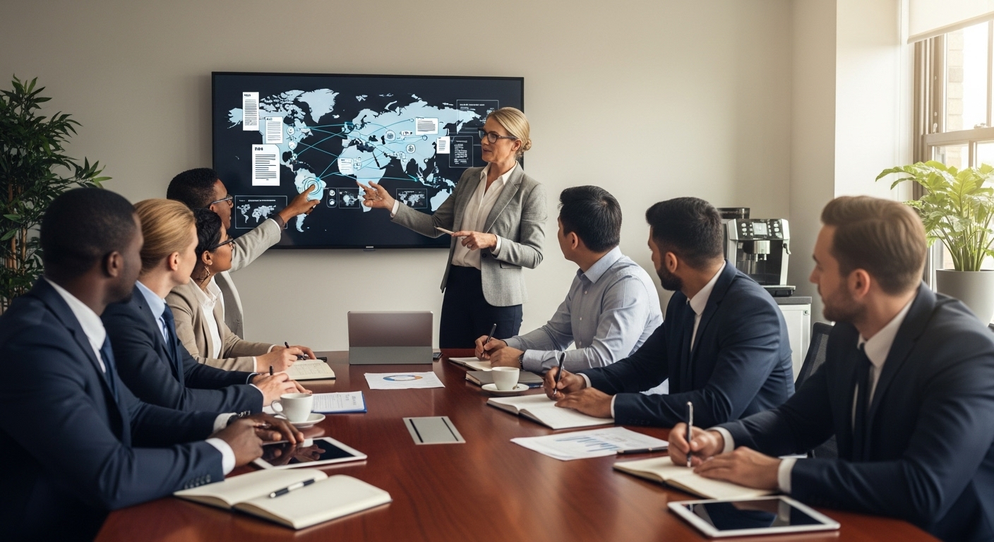 A professional UK business team, diverse and multicultural, sits around a large conference table discussing global strategy, with digital tax documents and world maps displayed on a screen in the background. The atmosphere is collaborative and focused, with a tax consultant providing expert advice. Photorealistic, high-resolution.