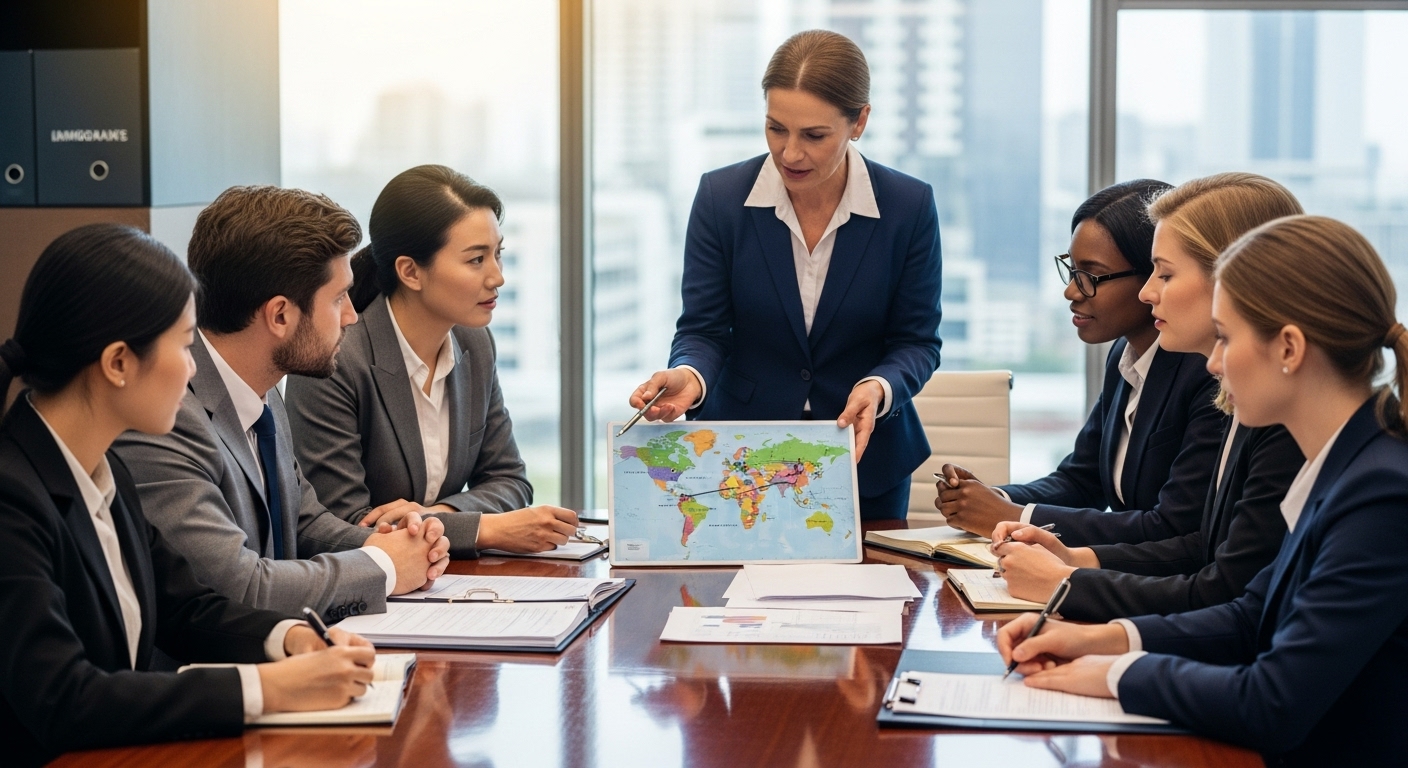 A professional, diverse business team meeting with a legal consultant in a modern office, reviewing immigration documents and discussing global talent strategy. The scene is bright and collaborative, emphasizing legal guidance in corporate immigration. Photorealistic style.