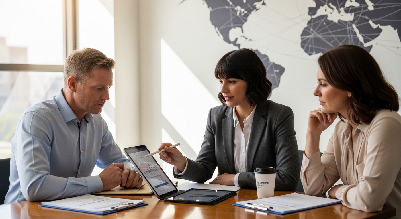 a detailed, photorealistic image of a professional financial advisor sitting with a UK expat couple, reviewing financial documents on a tablet in a modern, sunlit office, with a world map subtly visible in the background, symbolising international reach.