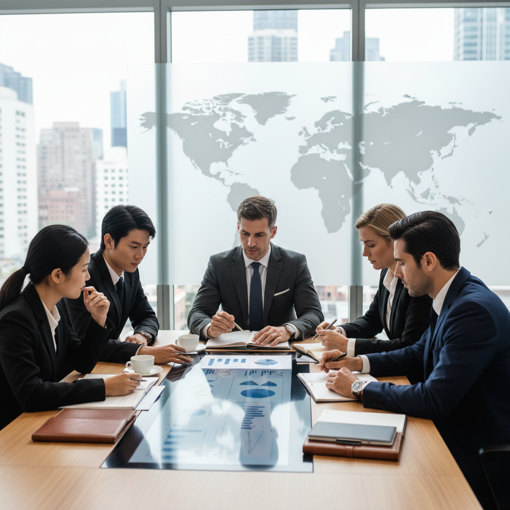 A diverse group of international professionals having a detailed discussion with a financial advisor in a modern, light-filled office. They are looking at charts and documents on a table, with a global map subtly blurred in the background, signifying international finance. The mood is serious, professional, and collaborative, with a focus on wealth management and financial planning. Photorealistic, high detail.