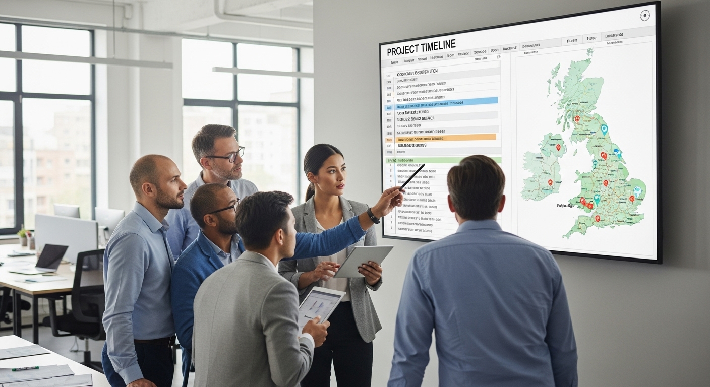 A diverse team of professionals in a modern, bright office, collaborating around a large monitor displaying a project timeline and UK map, illustrating comprehensive business relocation planning for an expat. The scene is professional and organized.