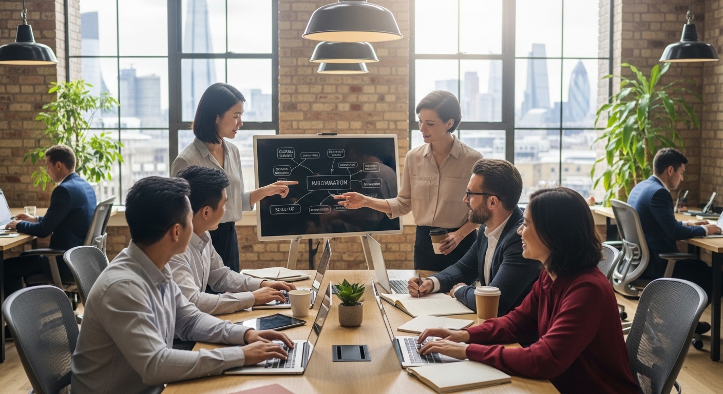 A diverse group of expat entrepreneurs from various backgrounds collaborating and brainstorming ideas in a modern, light-filled co-working space in London, showcasing a blend of technology and professional interaction. Photorealistic style.