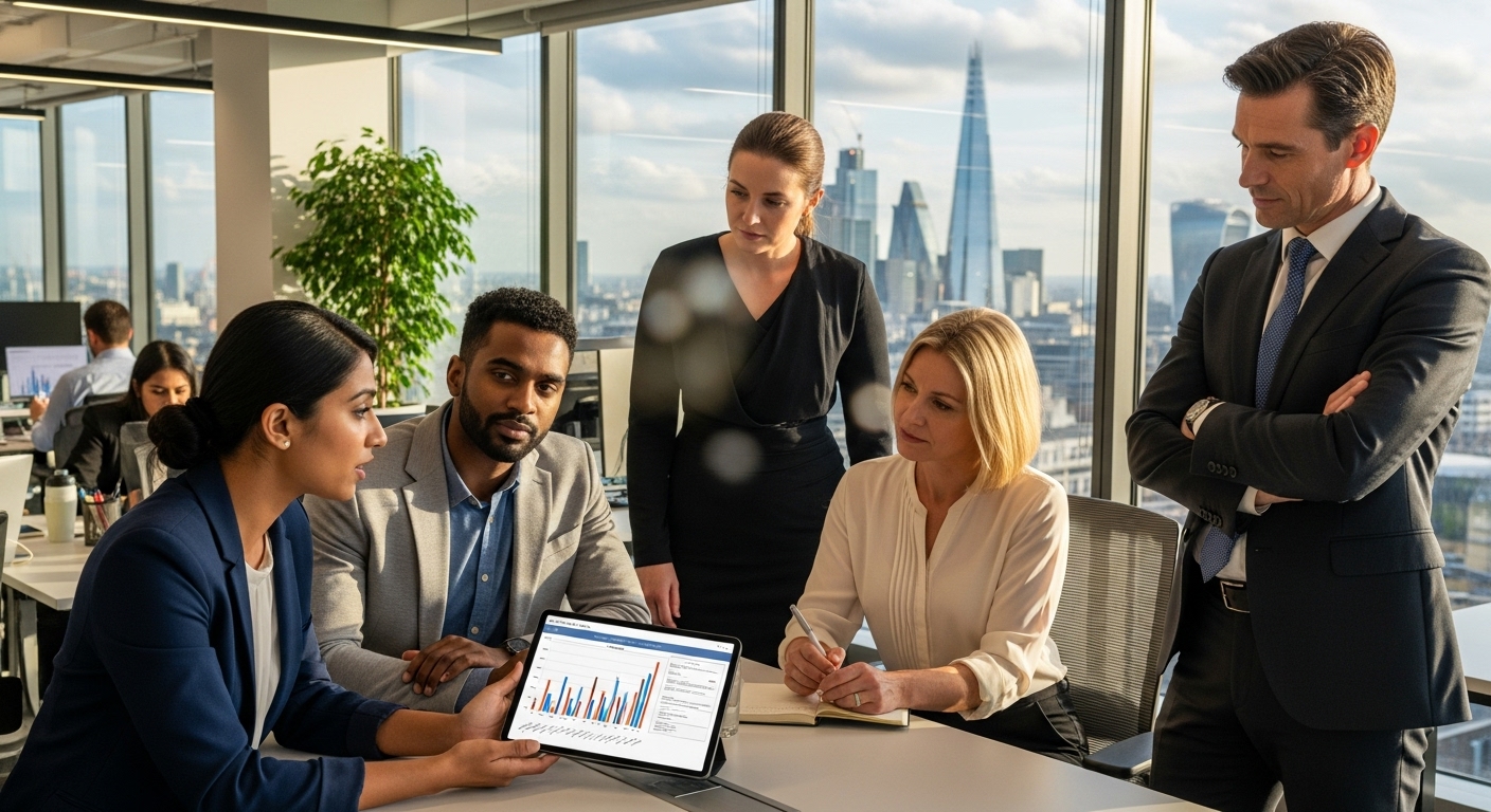 A detailed, photorealistic image showing a diverse group of professionals in a modern, collaborative office setting in London, with city skyline visible through a large window, symbolizing international business and opportunity. One person is reviewing a financial document on a tablet.