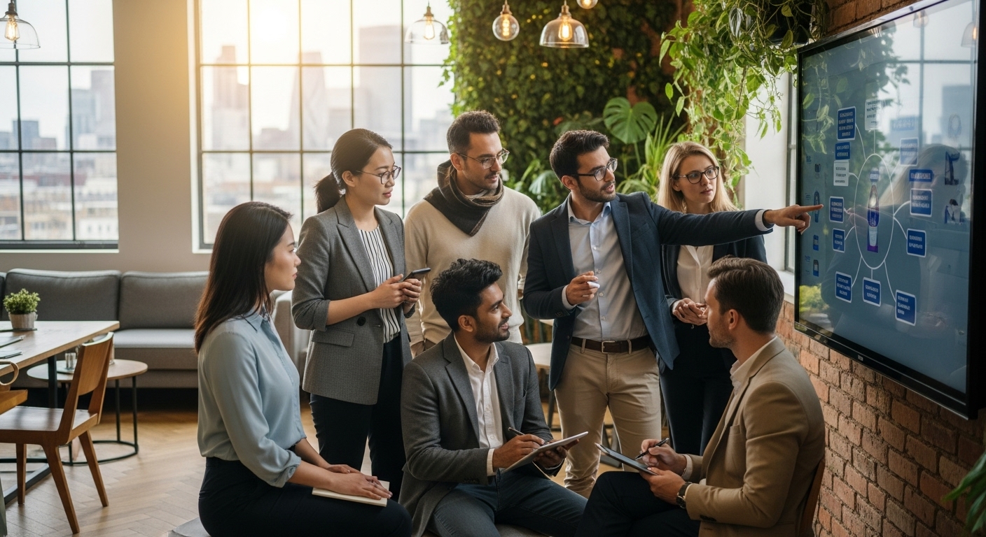 A diverse group of expat entrepreneurs from various backgrounds, professionally dressed, collaborating in a modern, open-plan office space in London, brainstorming ideas on a large digital screen. The atmosphere is vibrant and innovative.