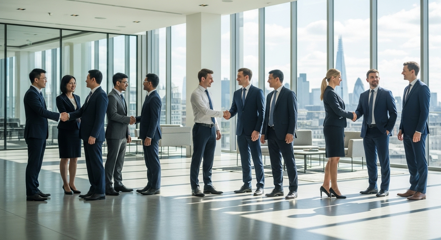 A diverse group of business professionals from various backgrounds shaking hands in a modern, sunlit office lobby, symbolizing international collaboration and investment in the UK. The setting is bright and professional, with a cityscape visible through large windows in the background.