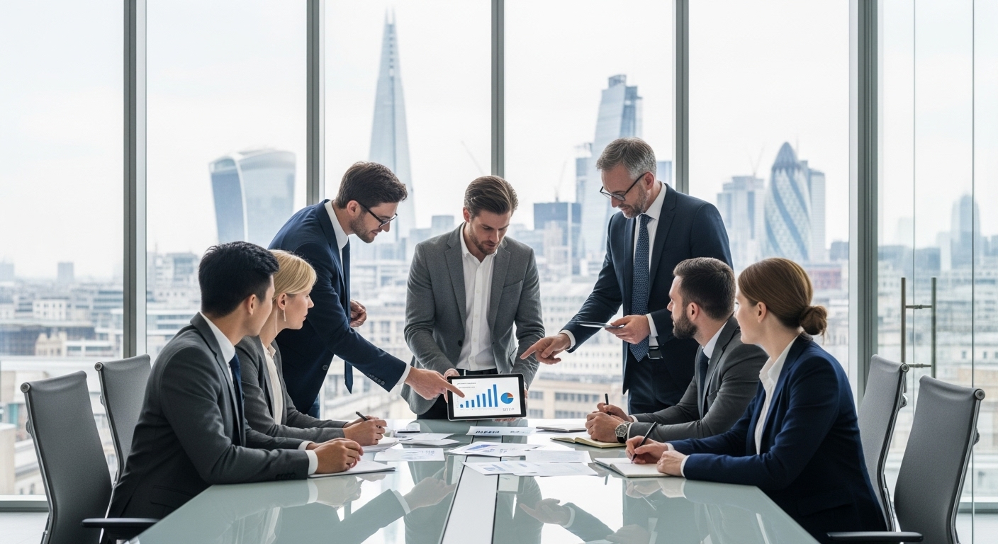 A diverse group of business professionals in a modern, glass-filled office collaborating around a table, with a blurred cityscape of London in the background, showcasing innovation and international business.