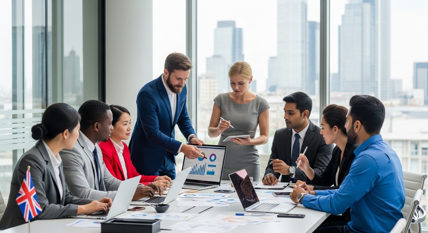 A diverse group of business professionals, some appearing to be expats, in a modern, brightly lit office collaborating around a large table with laptops and charts, symbolizing strategic planning and global collaboration. The scene is professional and forward-looking, with a subtle British flag element in the background or on a desk item.